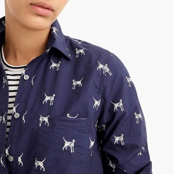 J. Crew Tops - J. Crew Dalmatian Novelty Button Shirt Womens Size 10 Navy Classic Fit Dog Print